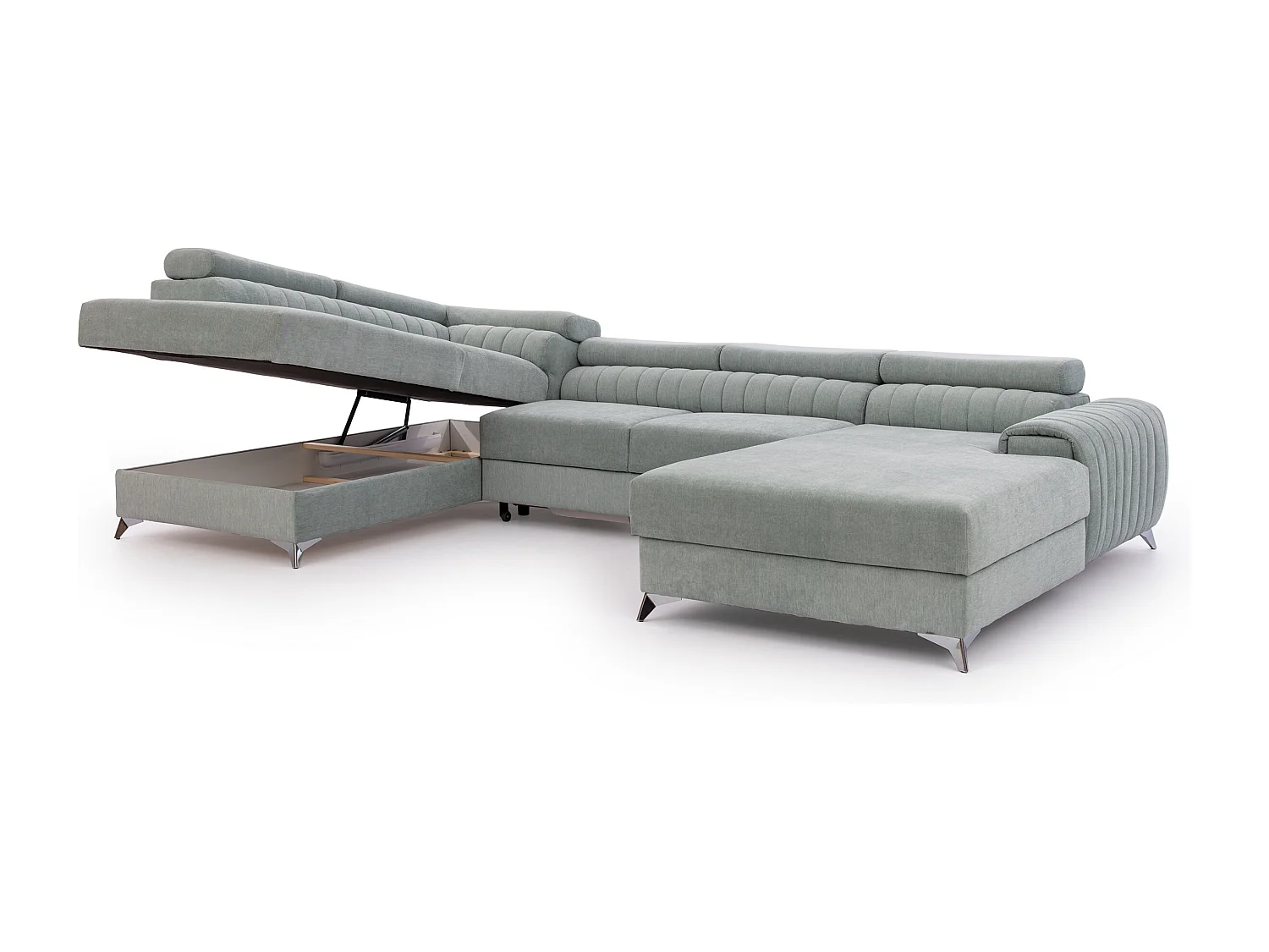 Canapé d'angle U tissu vert d'eau coffre de rangement à gauche Kalante 347cm