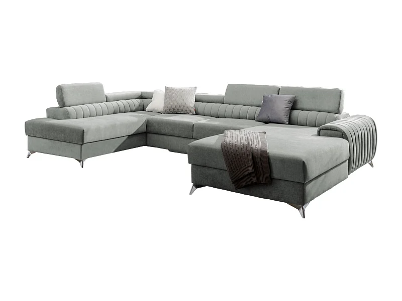 Canapé d'angle U tissu vert d'eau coffre de rangement à gauche Kalante 347cm