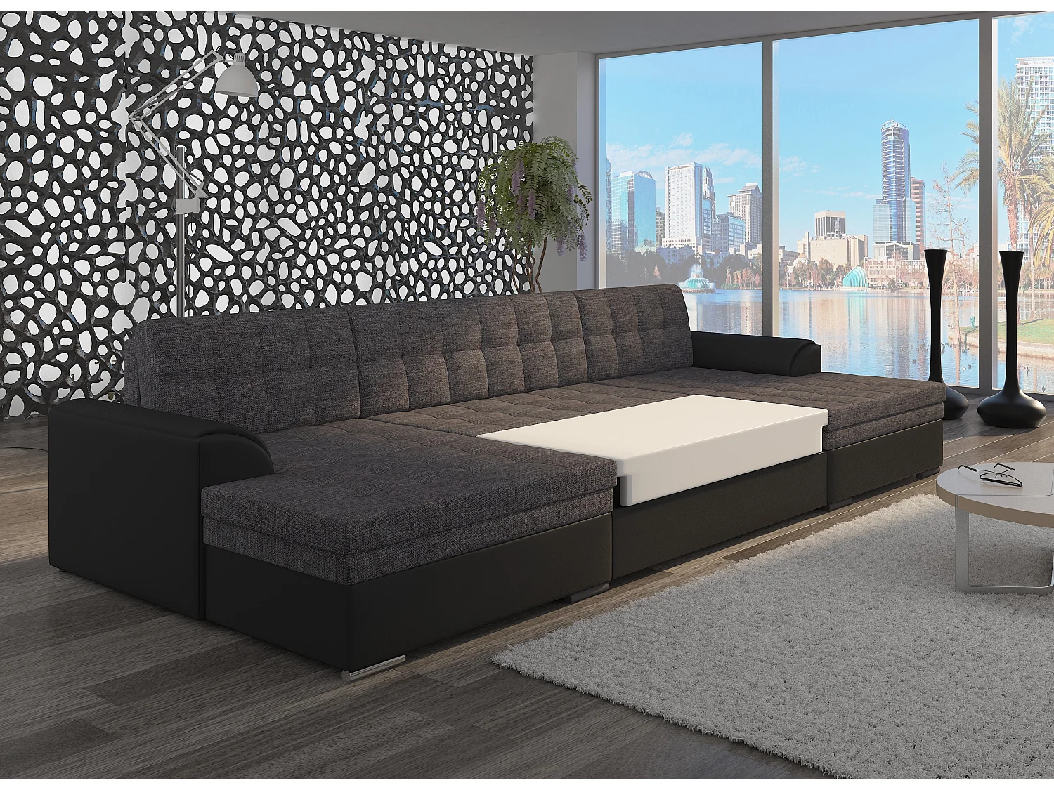 Grand canapé panoramique convertible simili cuir noir Vira 359cm