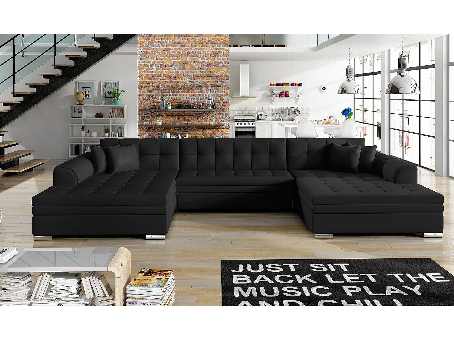 Grand canapé panoramique convertible simili cuir noir Vira 359cm