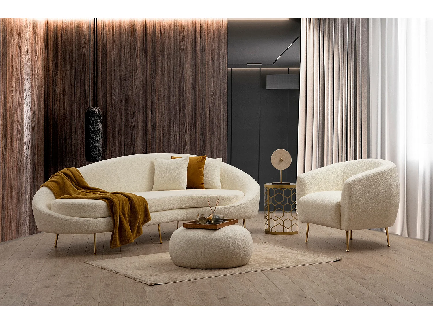 Canapé 3 places tissu coton bouclé ultra doux crème Tazany 255cm