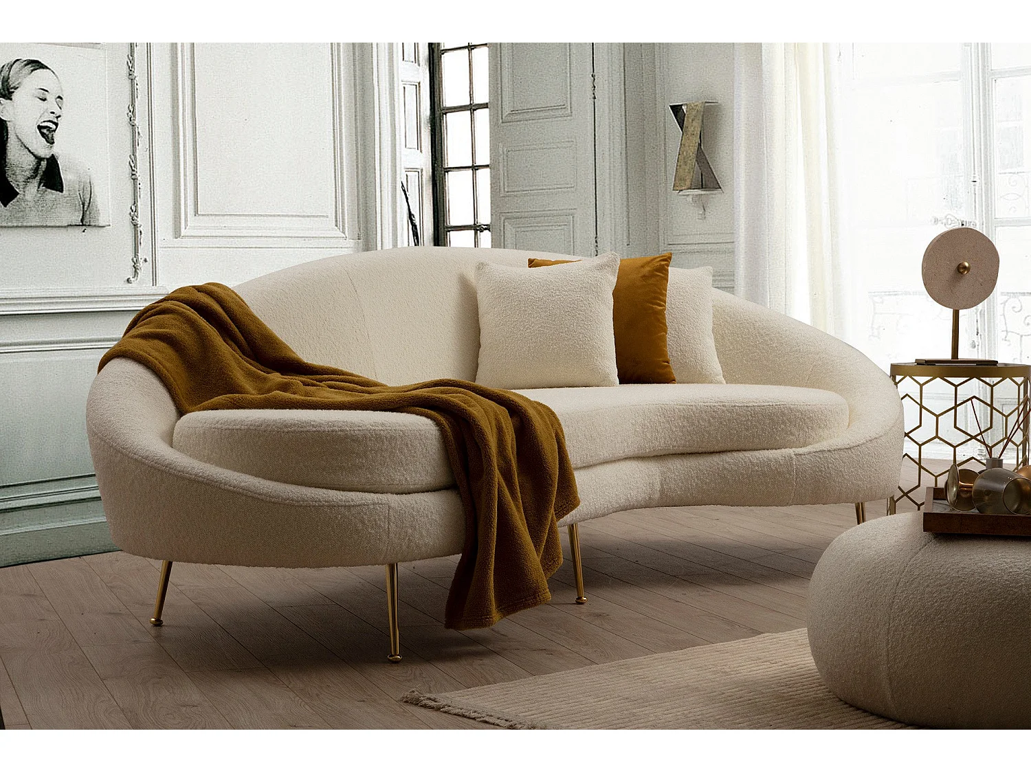 Canapé 3 places tissu coton bouclé ultra doux crème Tazany 255cm