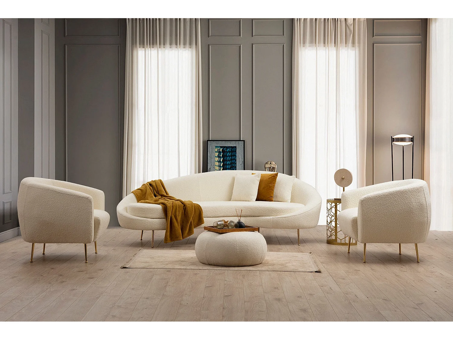 Canapé 3 places tissu coton bouclé ultra doux crème Tazany 255cm