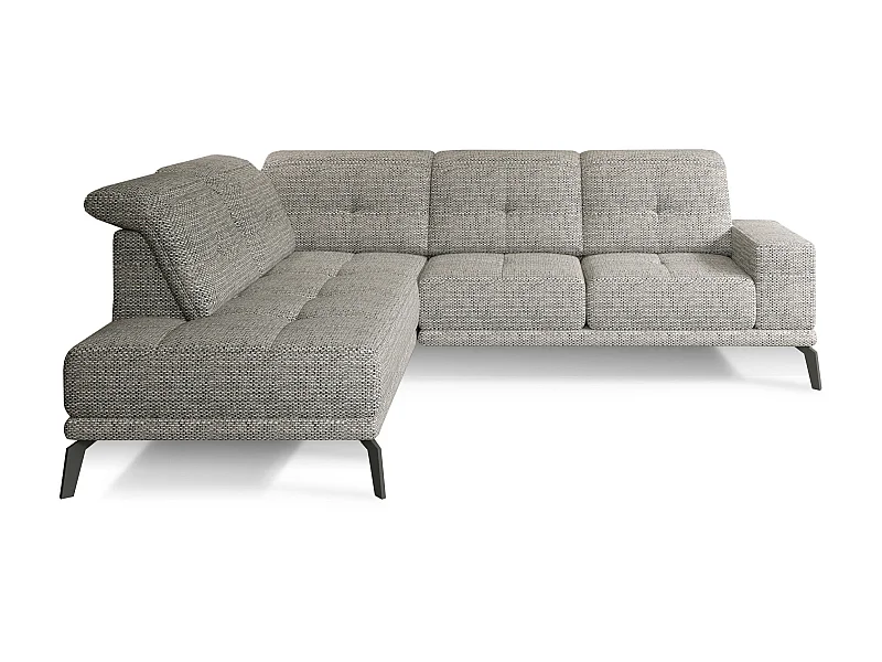 Canapé d'angle gauche design matelassé tissu beige foncé chiné et pied noir Kazane 275cm