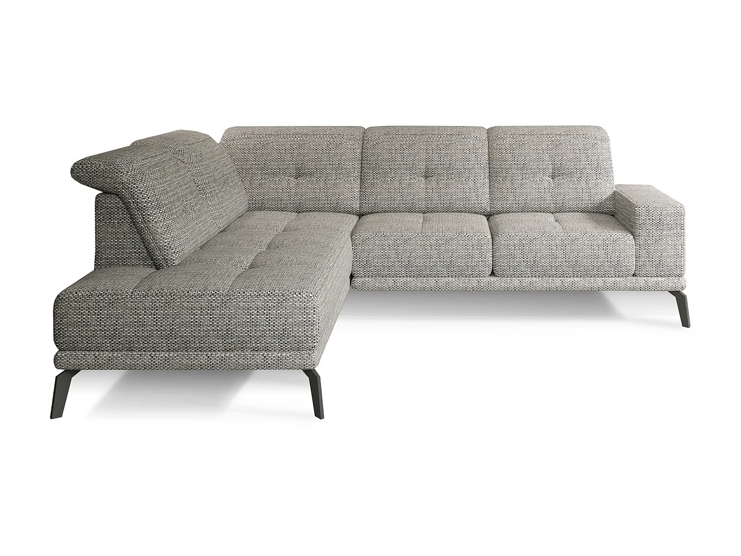 Canapé d'angle gauche design matelassé tissu beige foncé chiné et pied noir Kazane 275cm