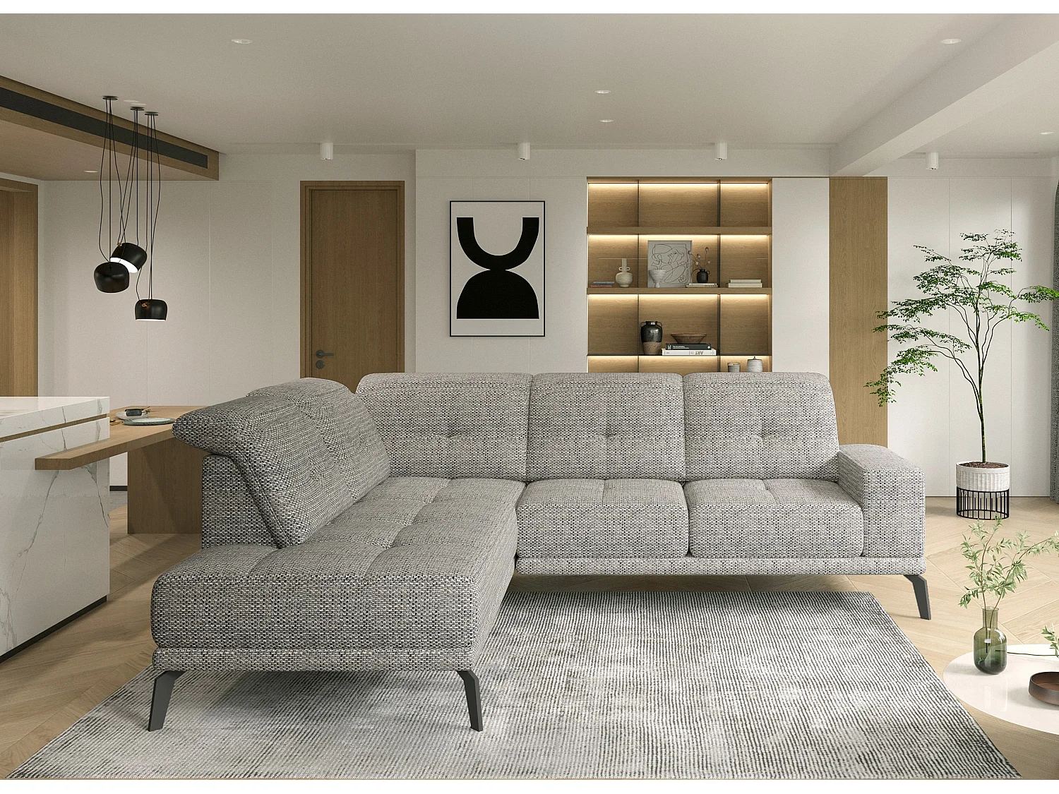 Canapé d'angle gauche design matelassé tissu beige foncé chiné et pied noir Kazane 275cm