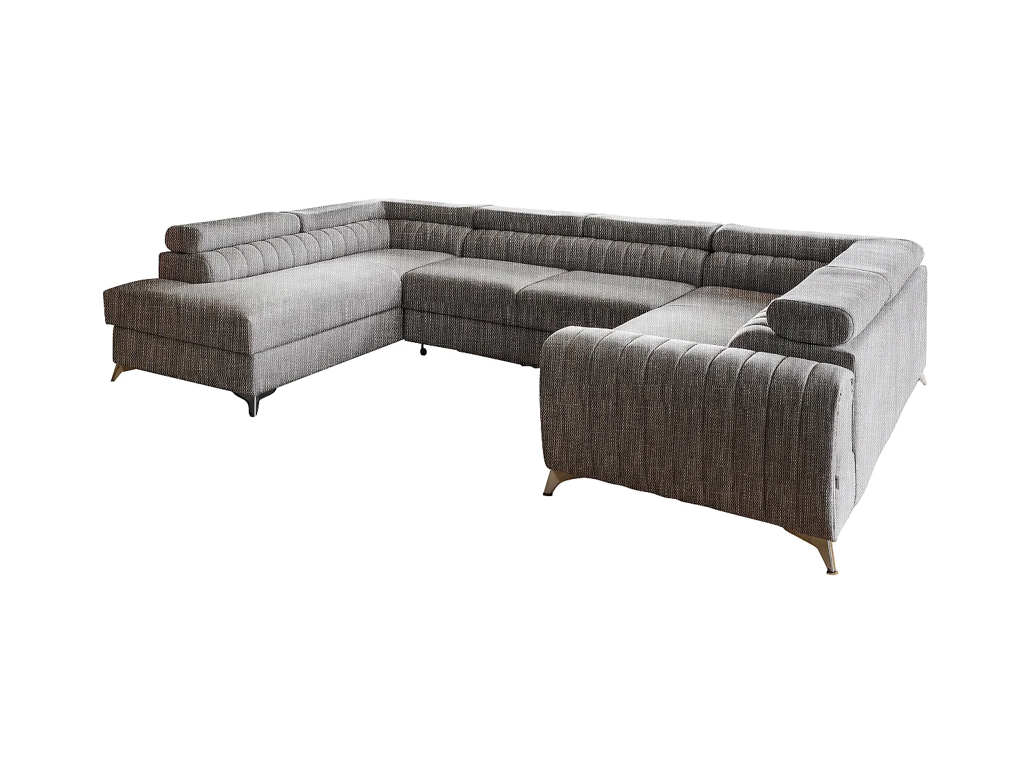 Canapé en U convertible tissu marron chiné coffre de rangement à Louve 340cm-Coffre de rangement à gauche