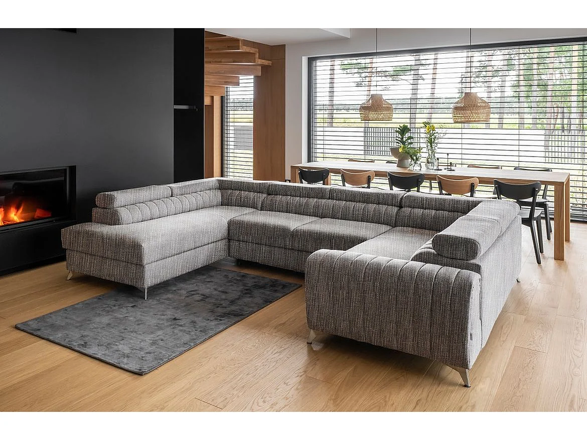 Canapé panoramique convertible LOUVE tissu - Rangement et têtières réglables-Gris chiné-Coffre à gauche