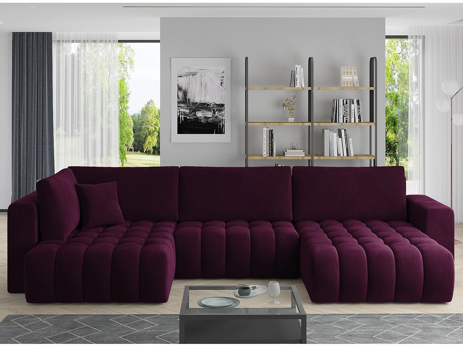 Canapé panoramique convertible design capitonné velours bordeaux méridienne droite Boston 350cm