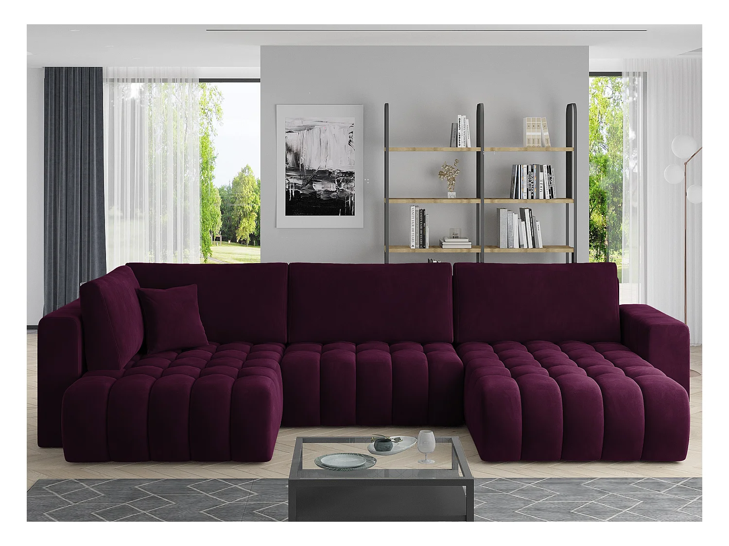 Canapé panoramique convertible design capitonné velours bordeaux méridienne droite Boston 350cm