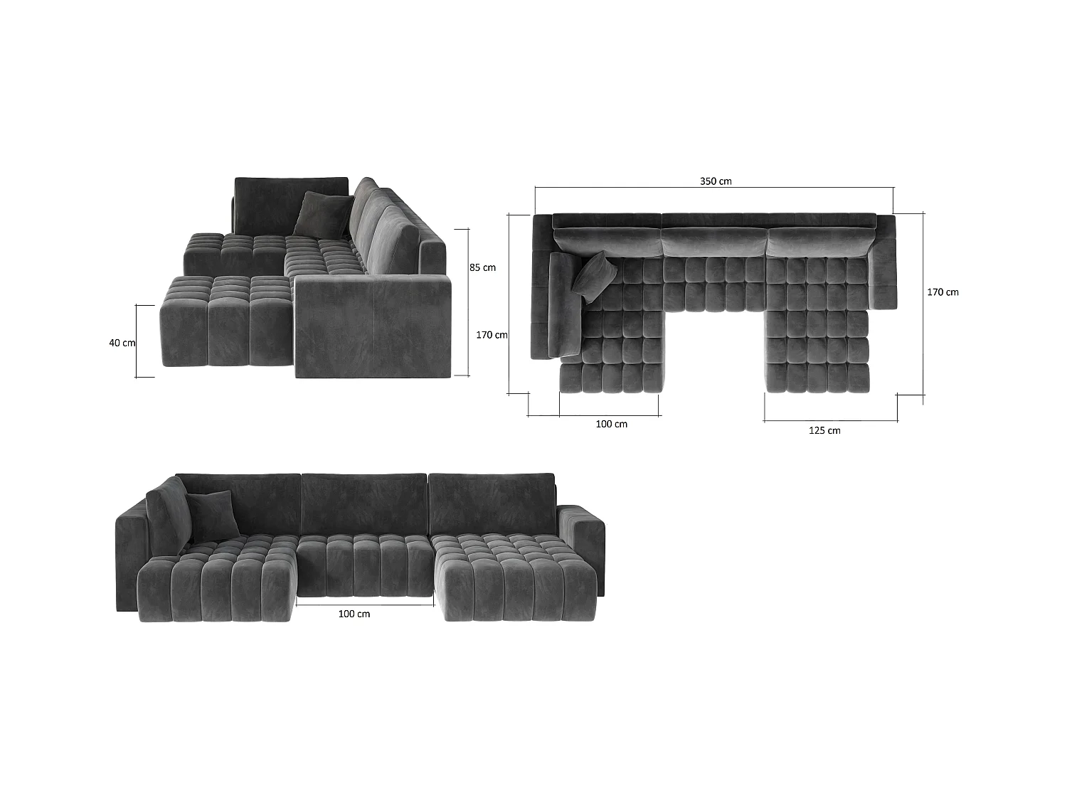 Canapé panoramique convertible design capitonné velours bordeaux méridienne droite Boston 350cm