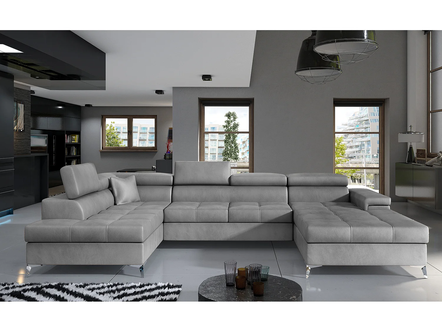 Canapé panoramique velours gris clair coffre de rangement à gauche Kutty 345cm