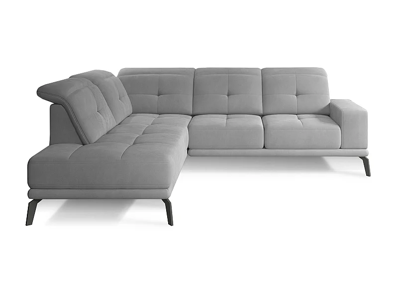 Canapé d'angle gauche design matelassé tissu doux brillant gris clair et pied noir Kazane 275cm