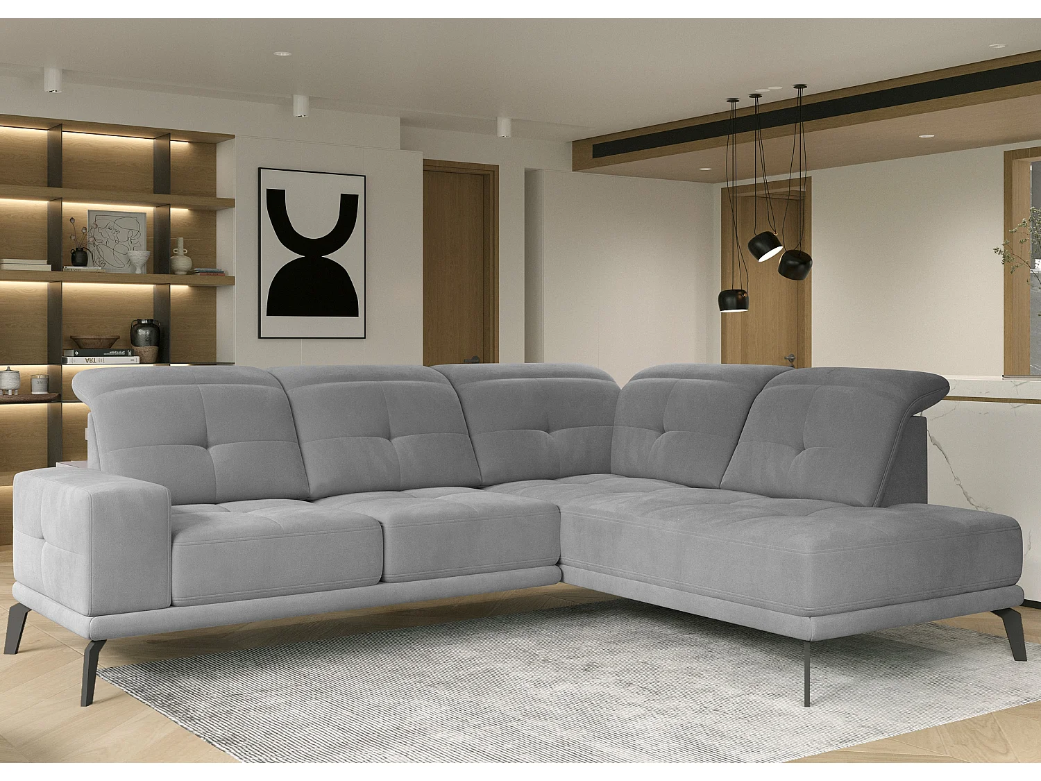 Canapé d'angle gauche design matelassé tissu doux brillant gris clair et pied noir Kazane 275cm