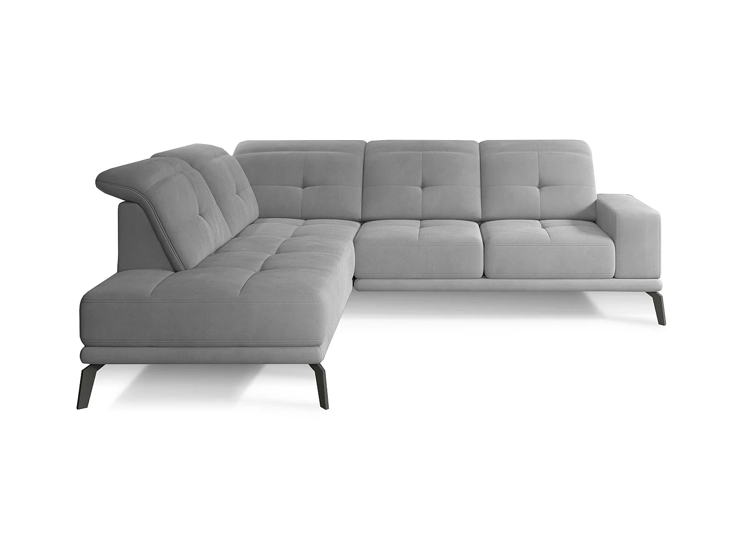 Canapé d'angle gauche design matelassé tissu doux brillant gris clair et pied noir Kazane 275cm