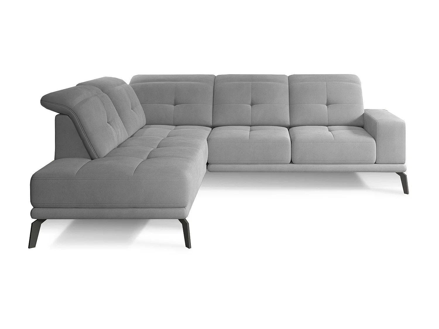 Canapé d'angle gauche design matelassé tissu doux brillant gris clair et pied noir Kazane 275cm