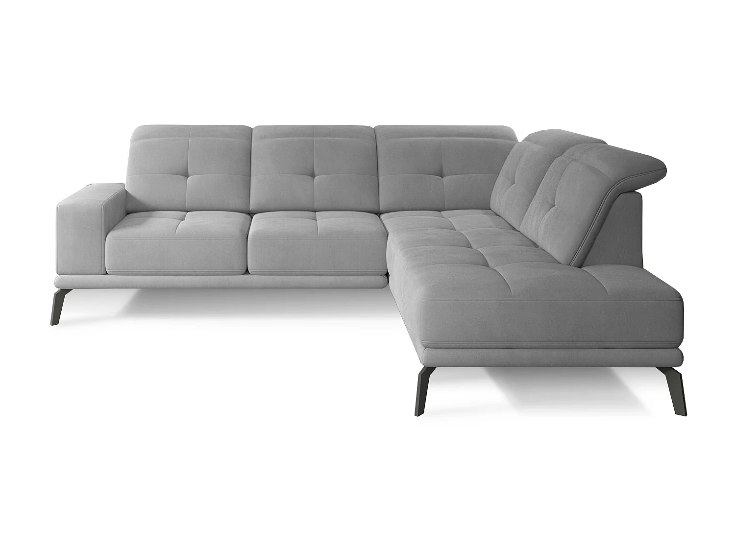 Canapé d'angle gauche design matelassé tissu doux brillant gris clair et pied noir Kazane 275cm