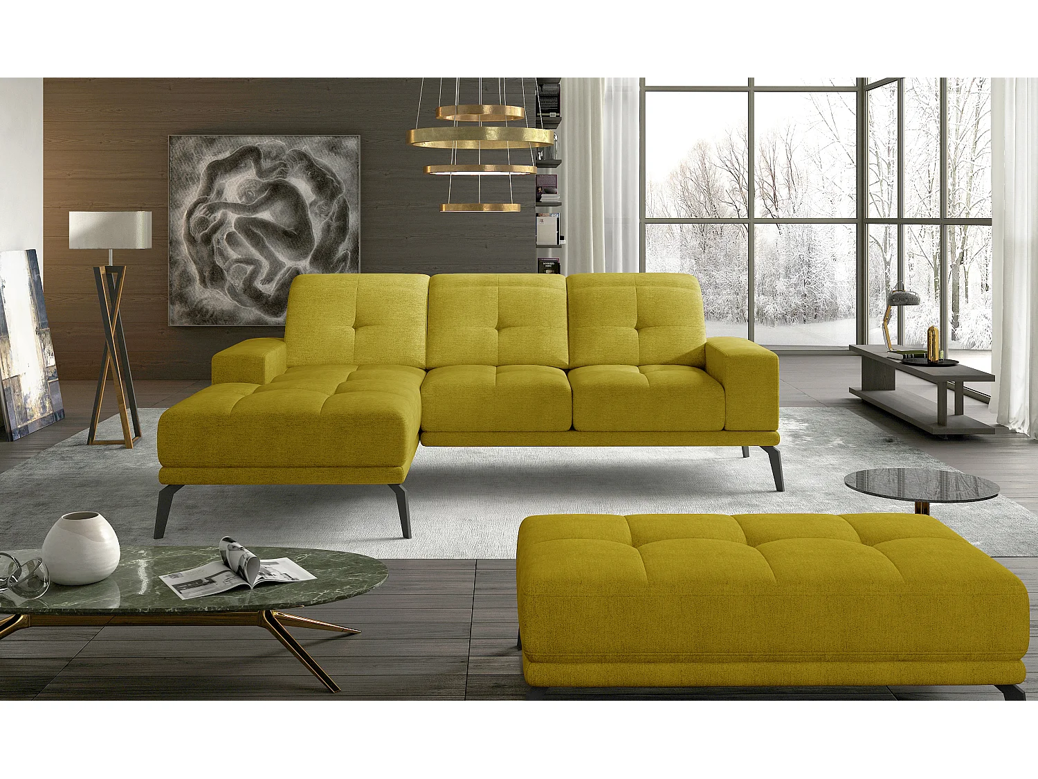 Canapé d'angle gauche 5 places tissu jaune Torpille 265cm