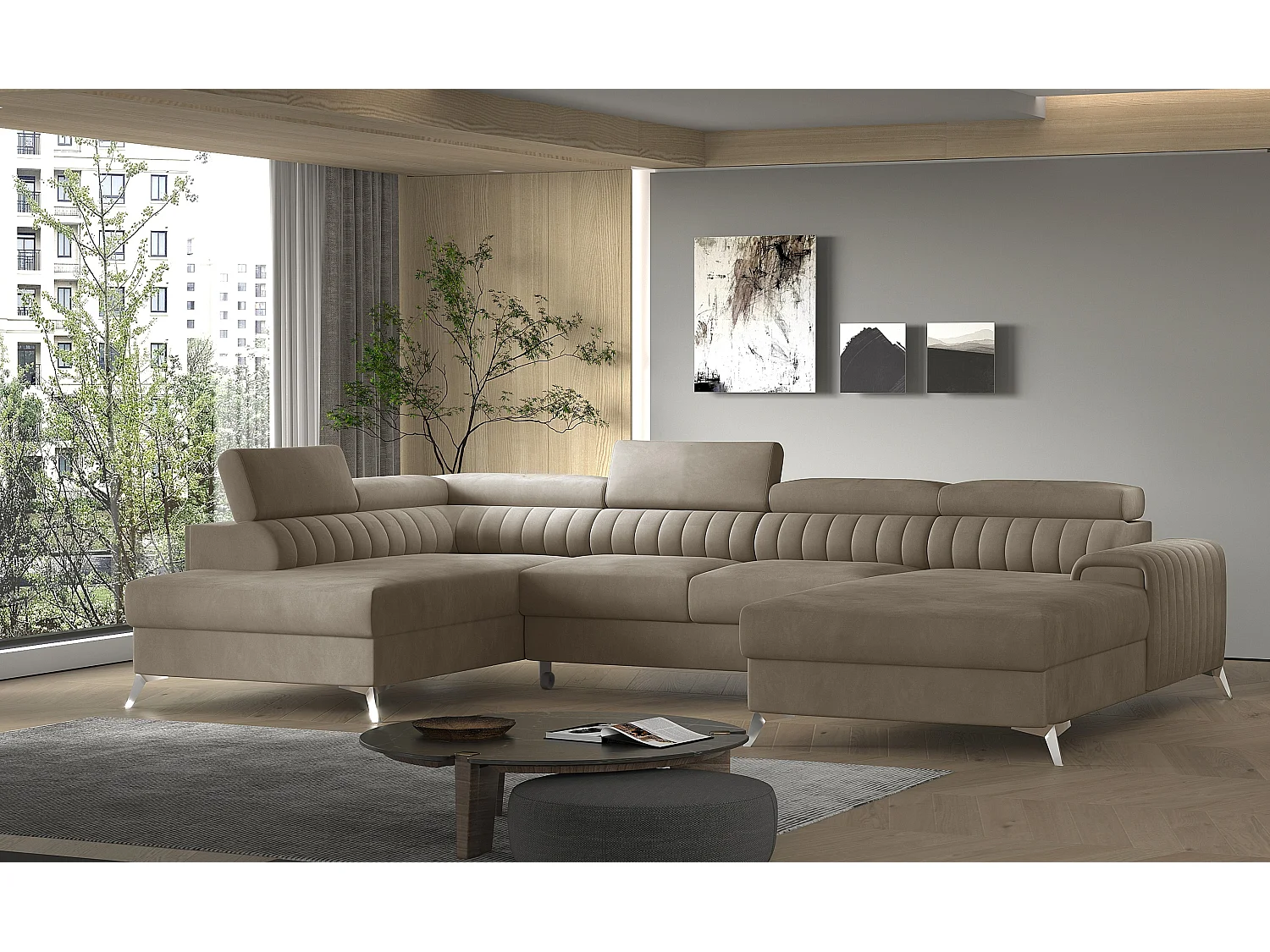 Canapé d'angle U tissu doux brillant beige coffre de rangement à gauche Kalante 347cm