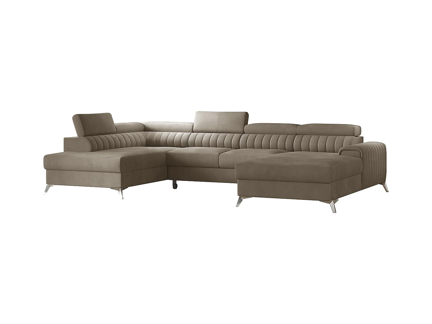 Canapé d'angle U tissu doux brillant beige coffre de rangement à gauche Kalante 347cm
