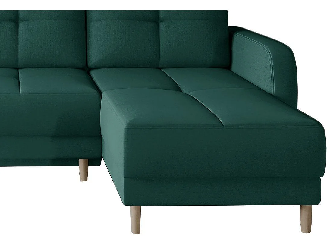 Sofá esquinero convertible y reversible de tela KINDO - Patas de madera clara-Color Verde