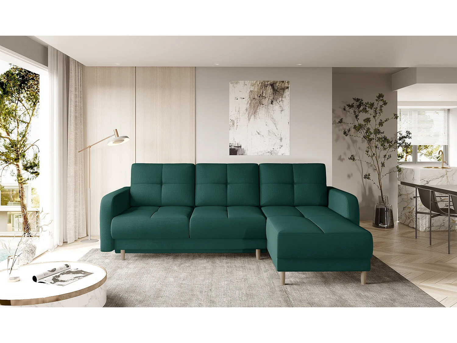 Canapé d'angle convertible et réversible tissu KINDO - Pieds bois clair-Vert
