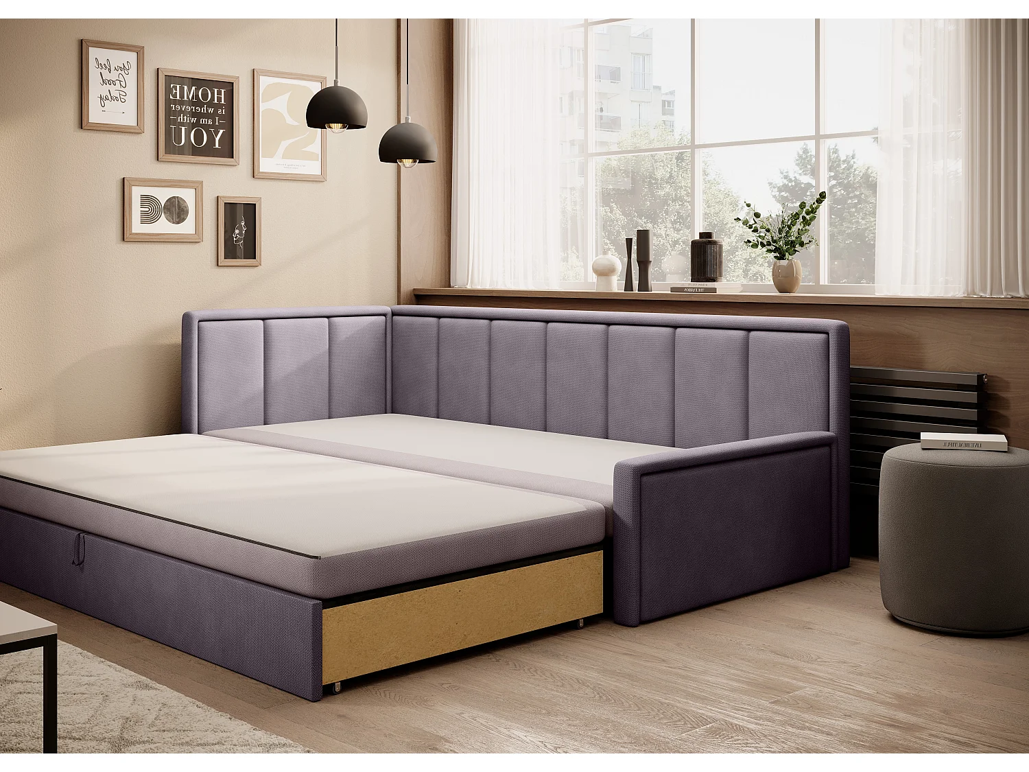 Canapé banquette convertible 3 places tissu doux Figo 214cm-Couleur Parme-angle gauche