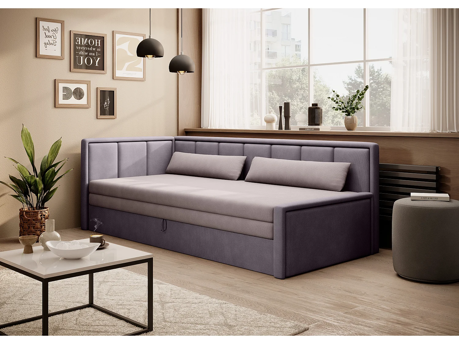 Canapé banquette convertible 3 places tissu doux Figo 214cm-Couleur Parme-angle gauche