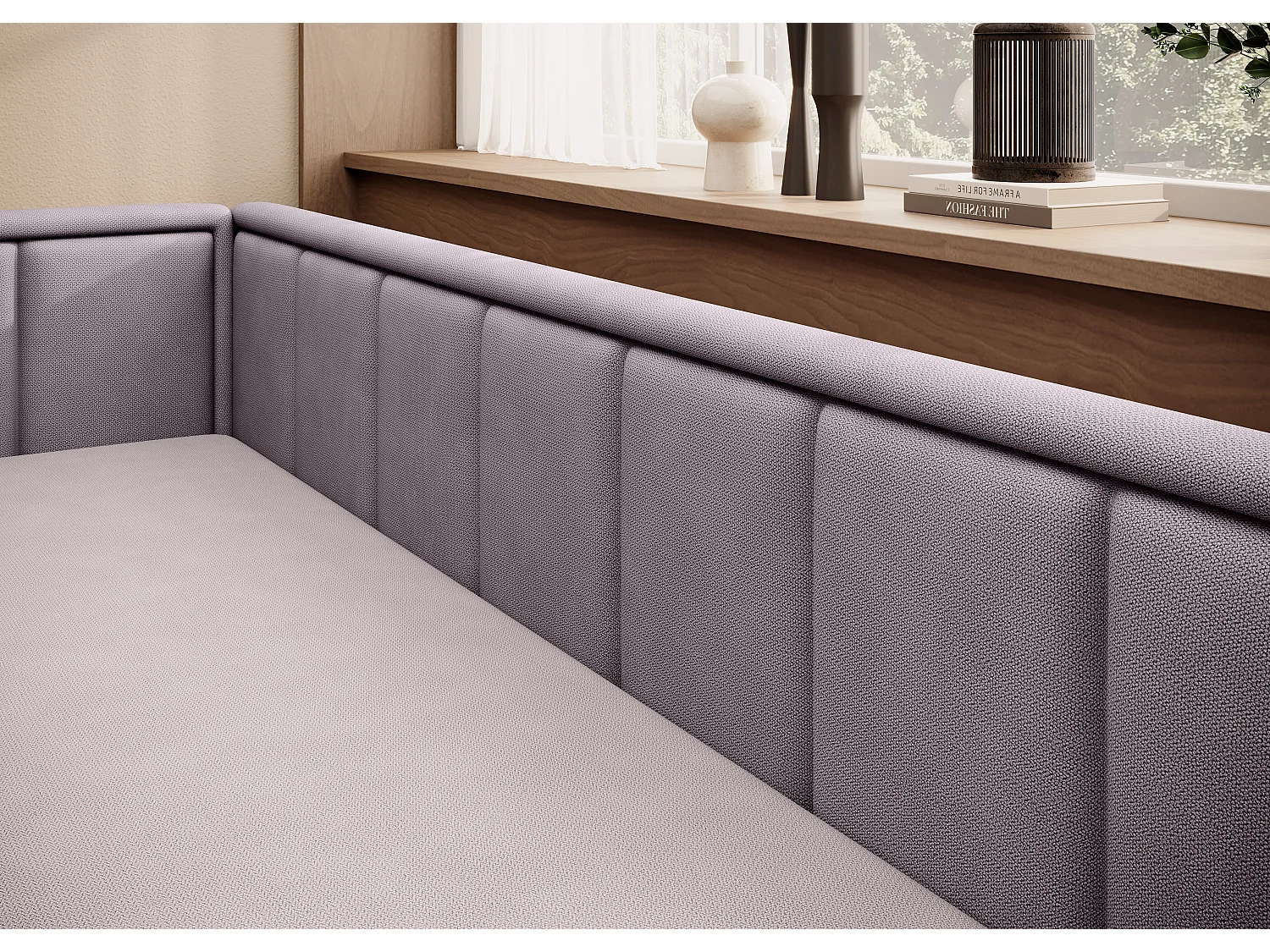 Canapé banquette convertible 3 places tissu doux Figo 214cm-Couleur Parme-angle gauche