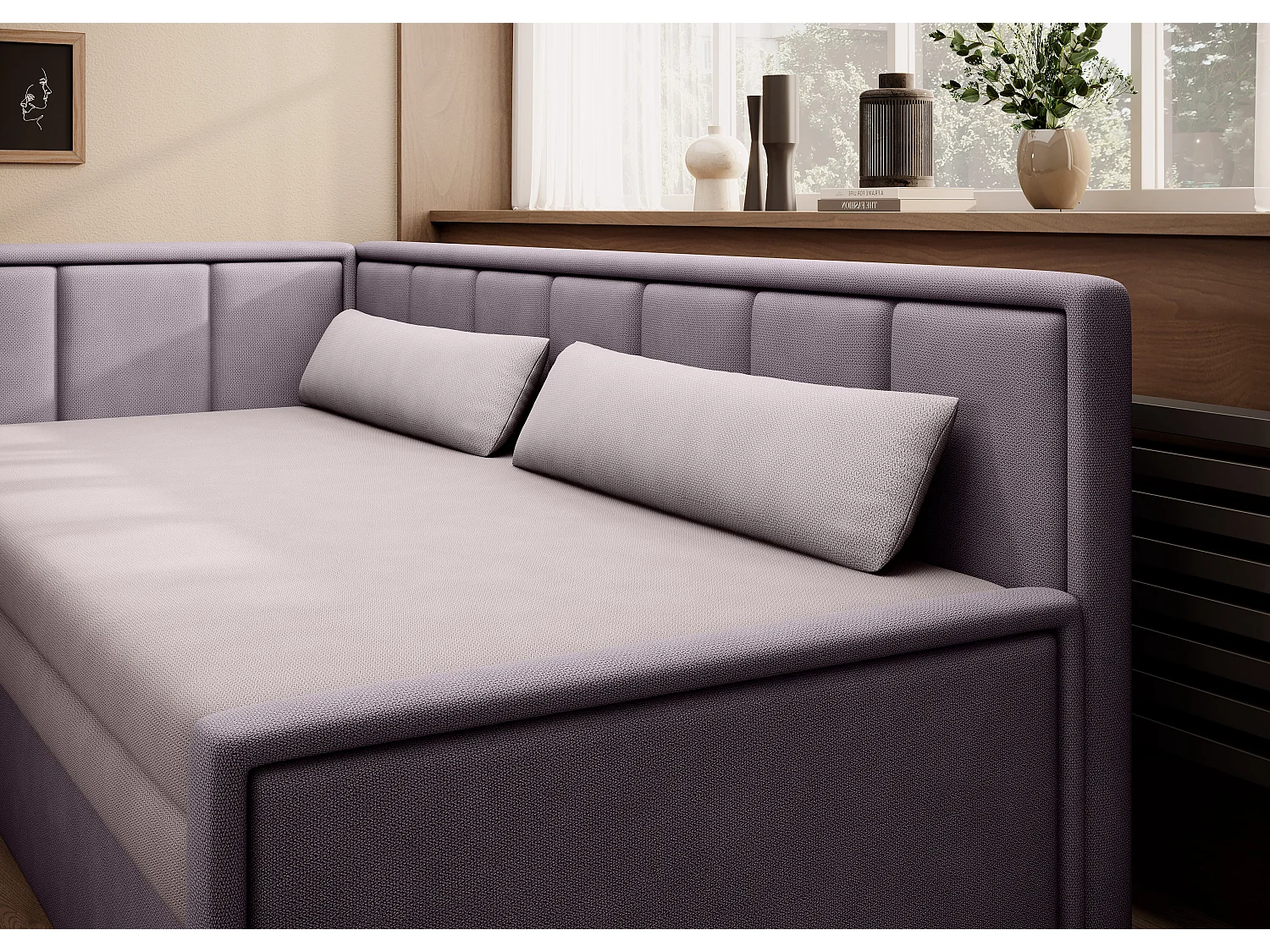 Canapé banquette convertible 3 places tissu doux Figo 214cm-Couleur Parme-angle gauche