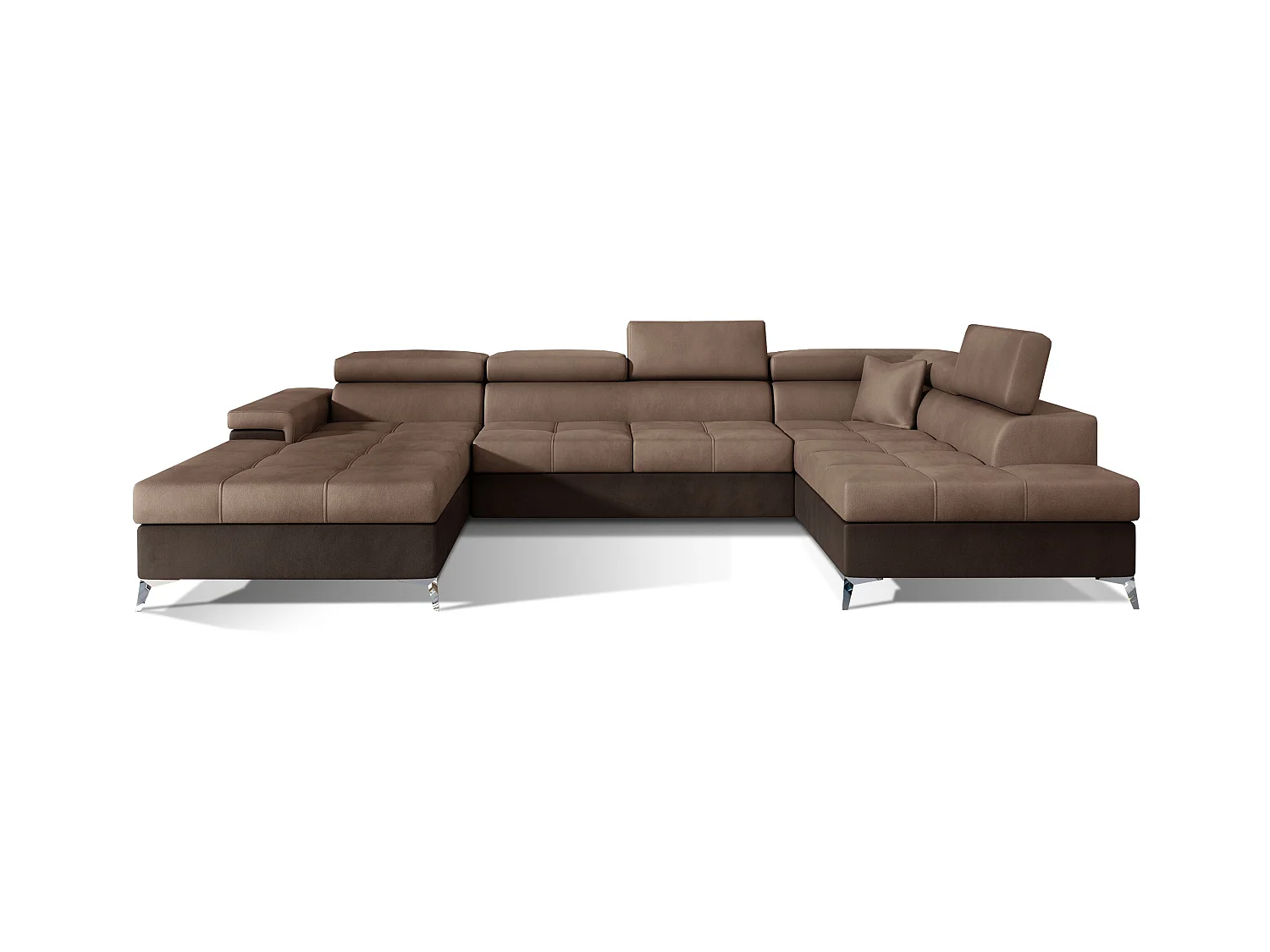 Canapé panoramique velours marron clair et marron foncé coffre de rangement à droite Kutty 345cm