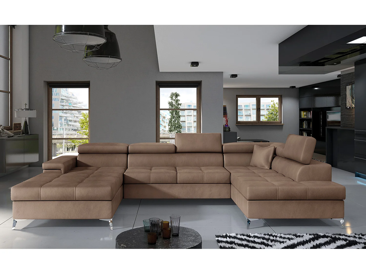 Canapé panoramique velours marron clair et marron foncé coffre de rangement à droite Kutty 345cm