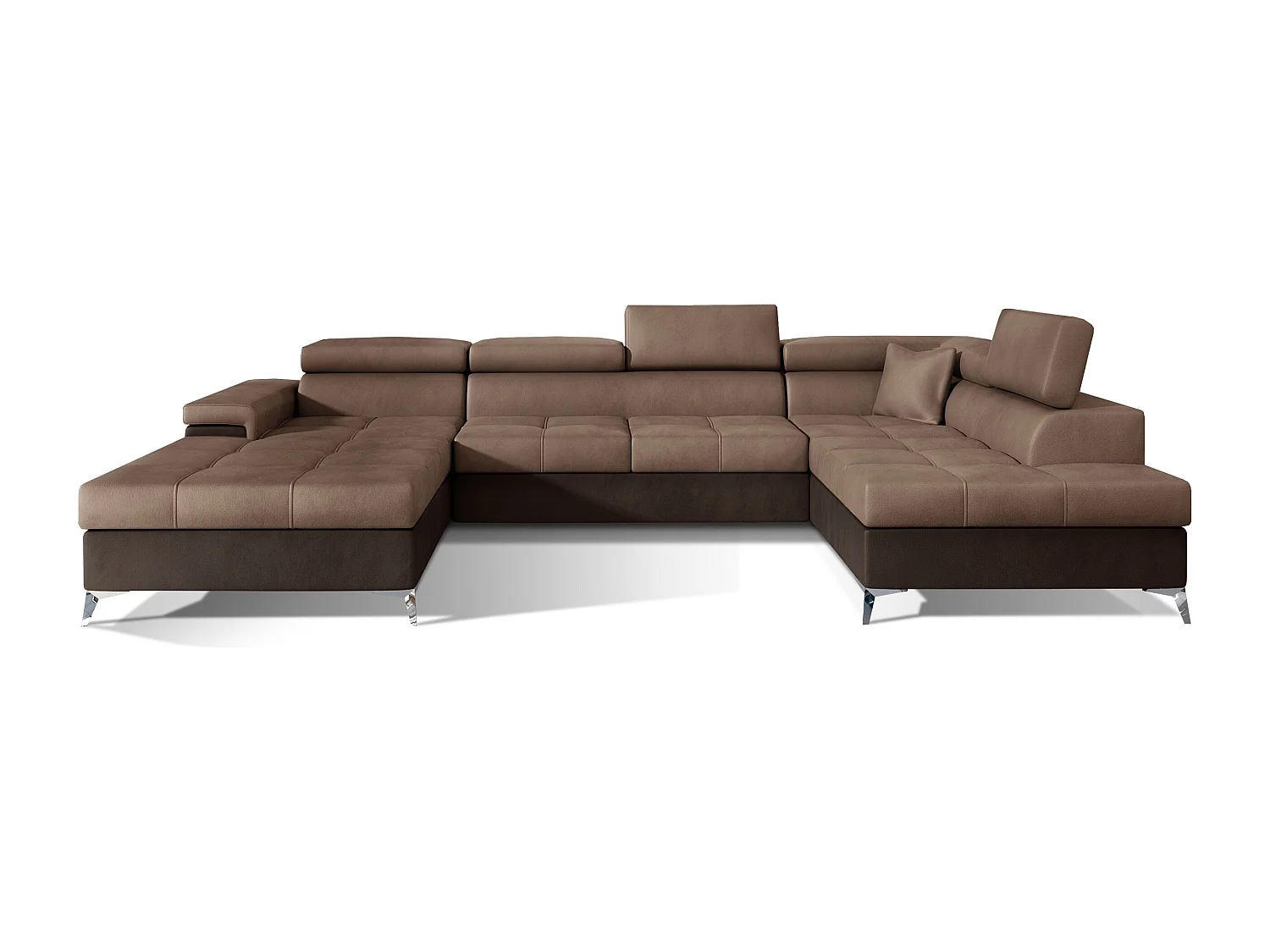 Lichtbruine en donkerbruine fluwelen panoramische bankopbergbox rechts Kutty 345 cm