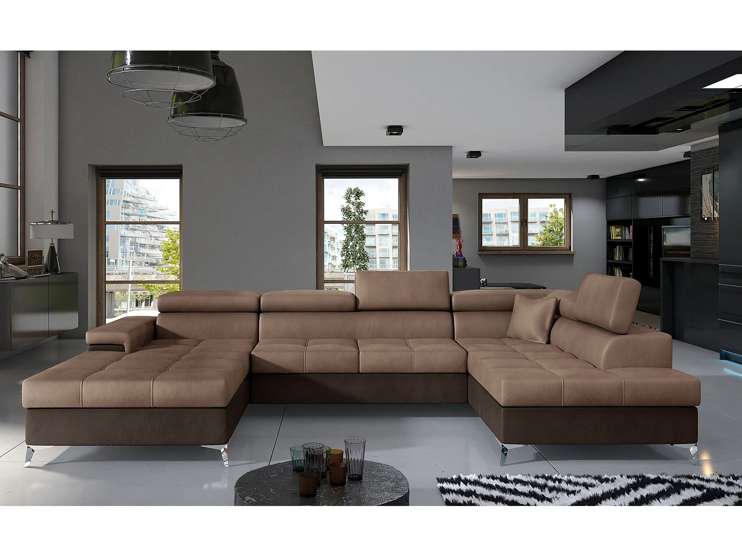 Lichtbruine en donkerbruine fluwelen panoramische bankopbergbox rechts Kutty 345 cm