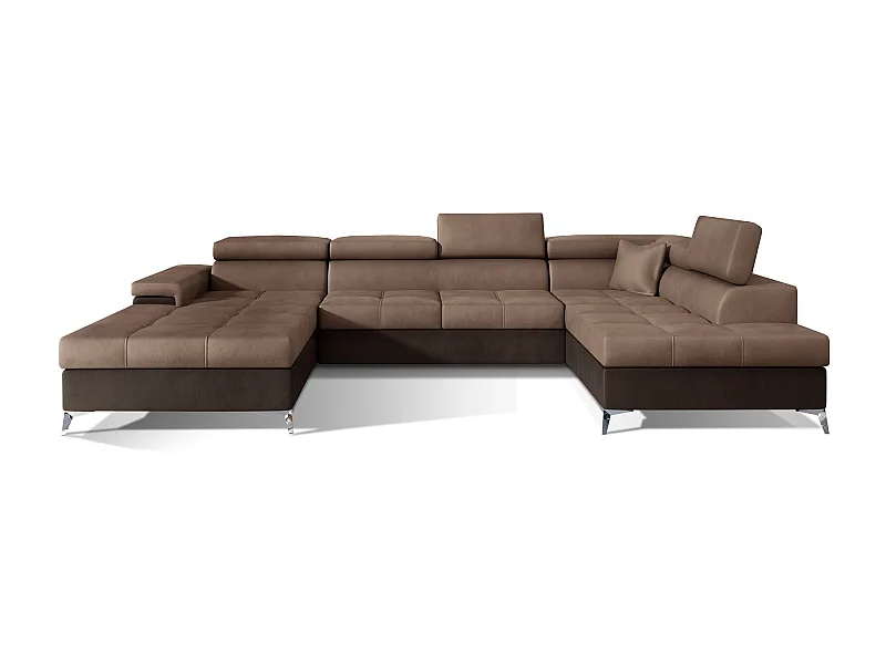 Canapé panoramique velours marron clair et marron foncé coffre de rangement à droite Kutty 345cm