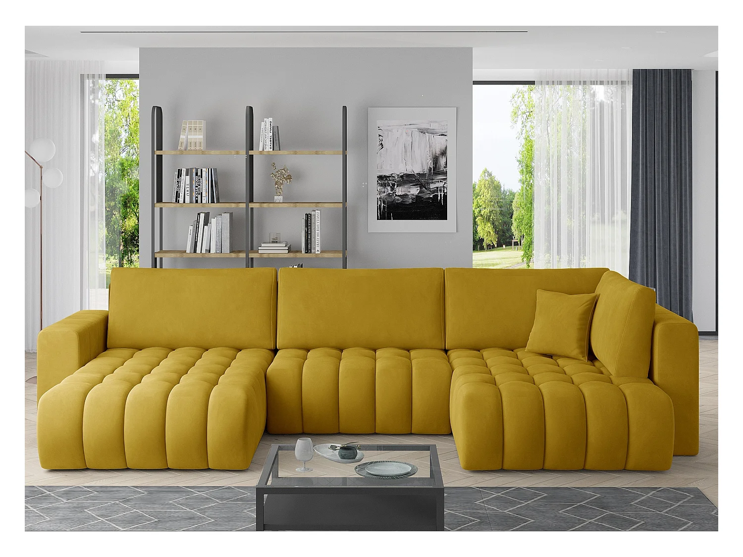 Panoramische converteerbare designbank gecapitonneerd geel fluweel links chaise longue Boston 350 cm