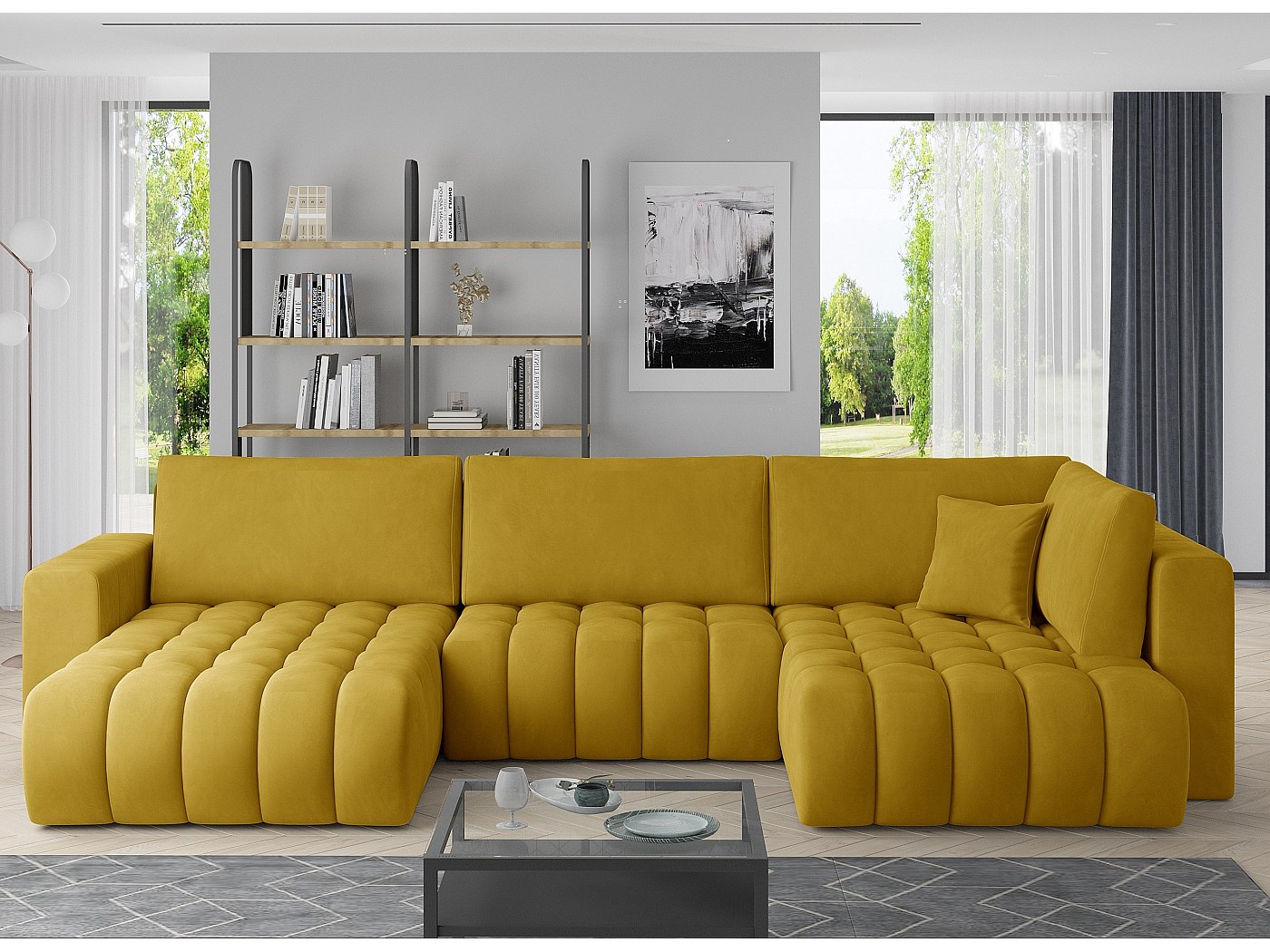 Canapé panoramique convertible design capitonné velours jaune ...