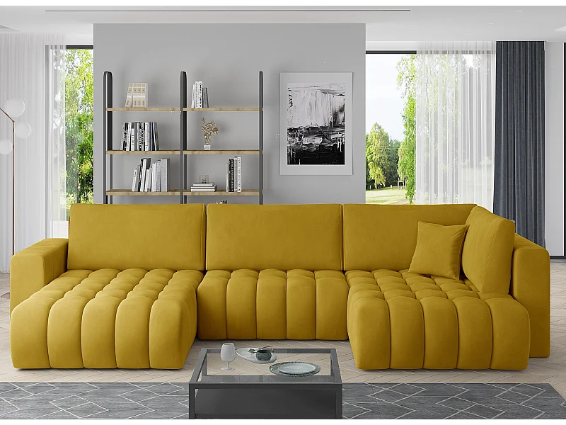 Canapé panoramique convertible design capitonné velours jaune méridienne gauche Boston 350cm