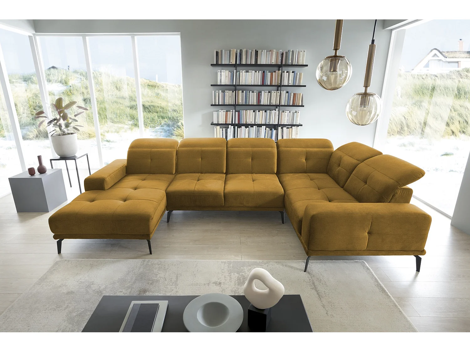 Canapé panoramique design tissu jaune têtières angle droit avec accoudoir Stan 350cm