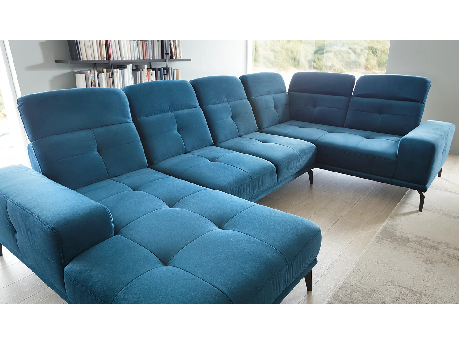 Canapé panoramique design tissu jaune têtières angle droit avec accoudoir Stan 350cm