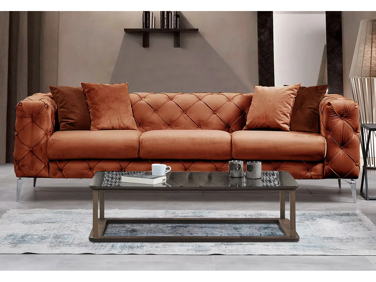 Canapé 3 places capitonné velours orange et pieds chromés Herakles 237cm