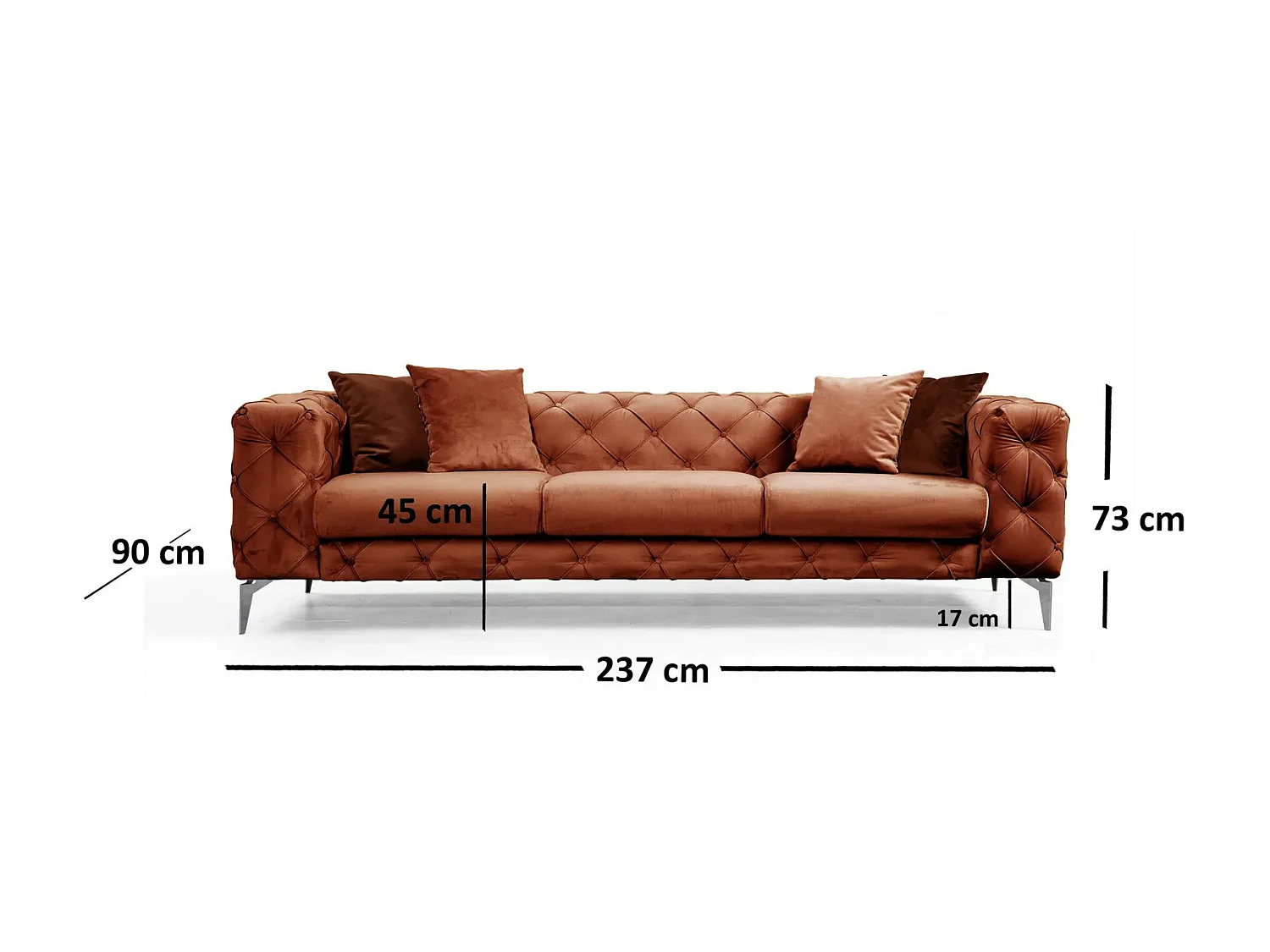Canapé 3 places capitonné velours orange et pieds chromés Herakles 237cm