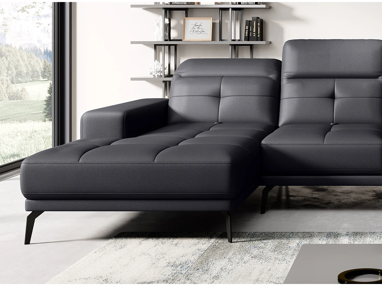 Design panoramische bank zwart kunstleer haakse hoofdsteunen met armleuning Stan 350 cm