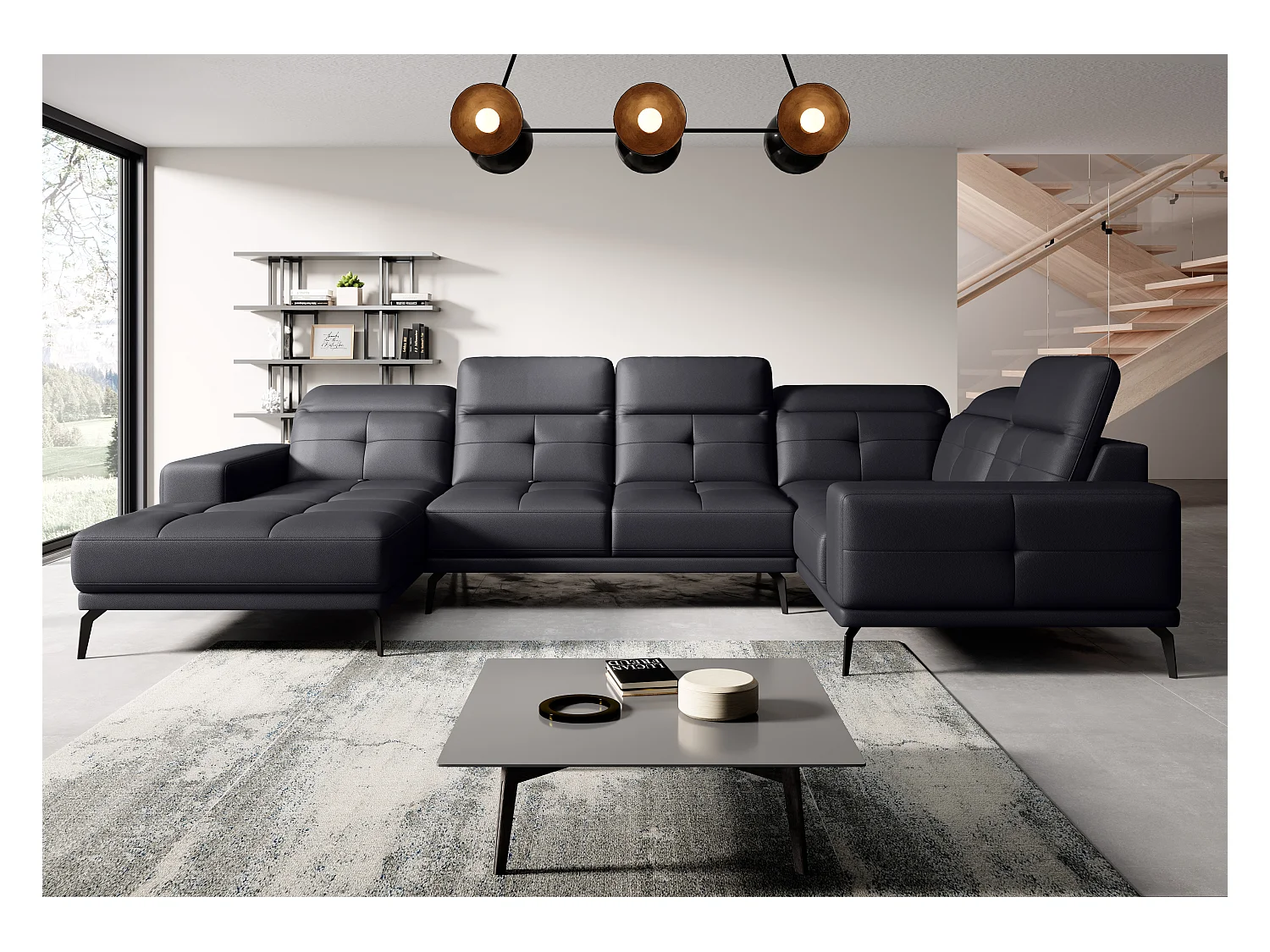 Canapé panoramique design simili cuir noir têtières angle droit avec accoudoir Stan 350cm
