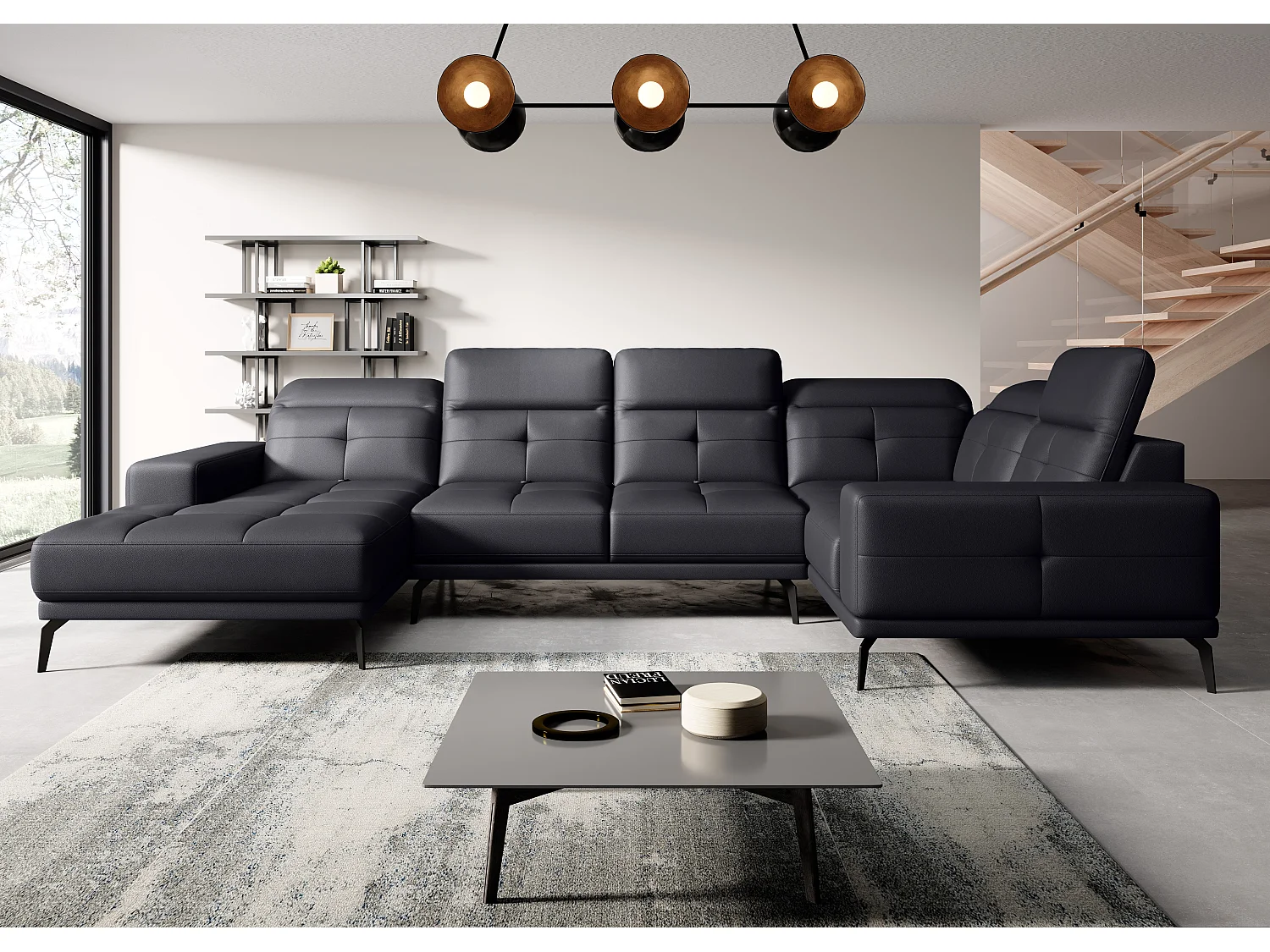 Design panoramische bank zwart kunstleer haakse hoofdsteunen met armleuning Stan 350 cm