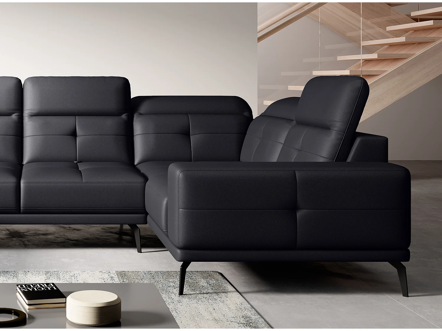 Design panoramische bank zwart kunstleer haakse hoofdsteunen met armleuning Stan 350 cm