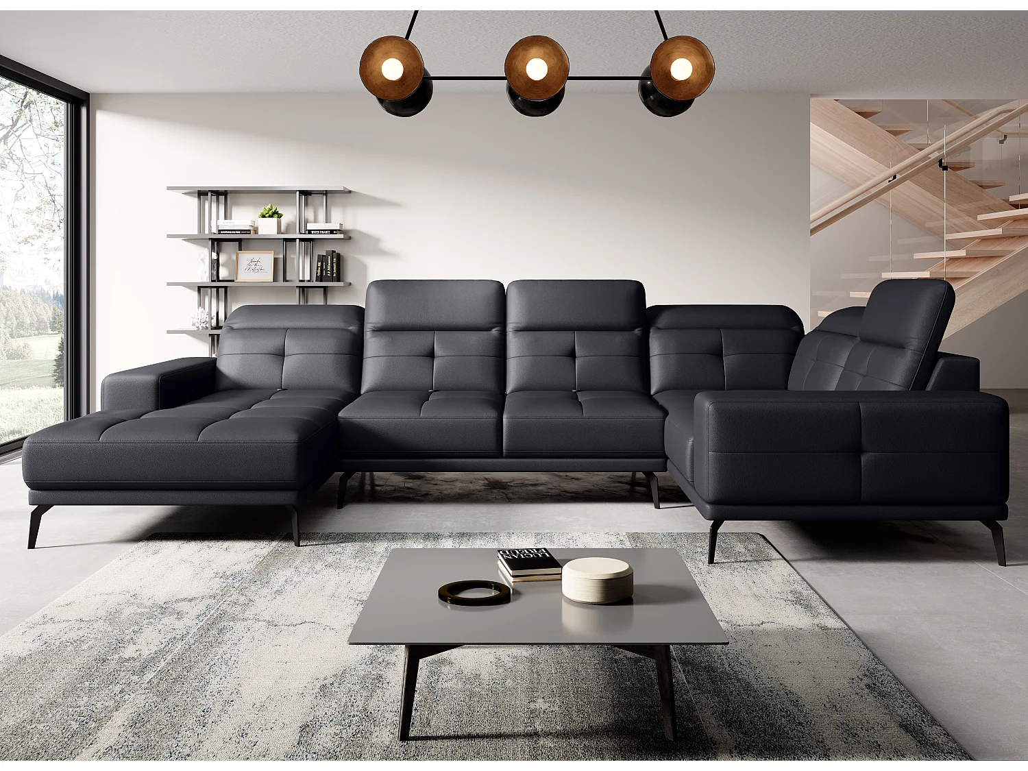 Canapé panoramique design SKAW simili cuir - Têtières réglables-Noir-Méridienne A droite