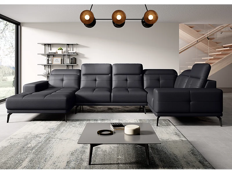 Canapé panoramique design simili cuir noir têtières angle droit avec accoudoir Stan 350cm