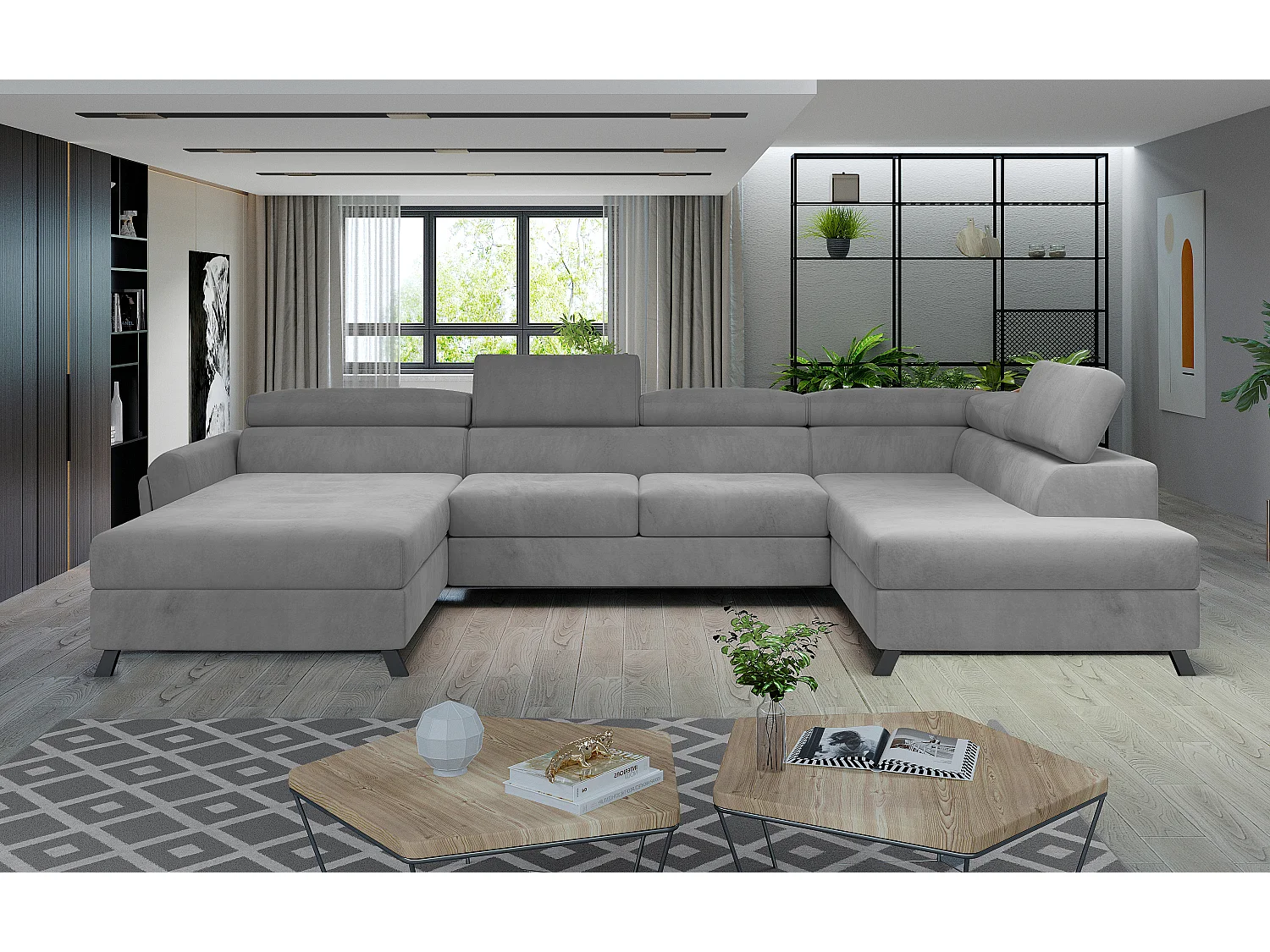 Grand canapé panoramique convertible velours gris clair avec coffre Konba 370cm-Coffre de rangement à droite