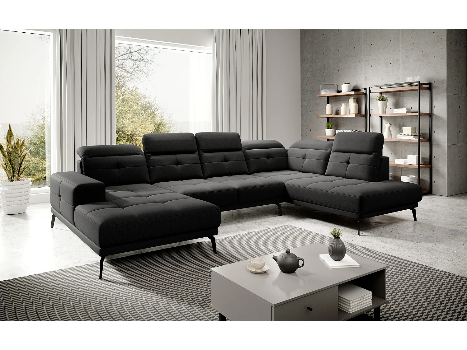 Canapé panoramique moderne velours noir têtières angle droit Versus 350cm